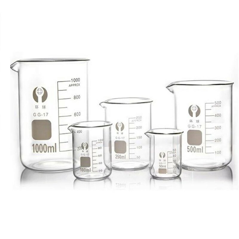 ビーカー4サイズ容量5ミリリットル-100ミリリットルローフォルムビーカー測定ガラス化学ラボホウケイ酸ガラス透明ビーカー