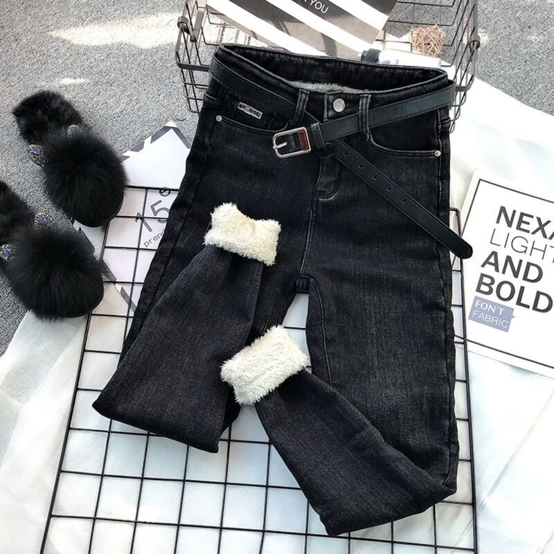 Celana pensil Denim musim dingin, pakaian Jeans wanita kasmir hitam abu-abu Vintage bulu tebal modis pinggang tinggi