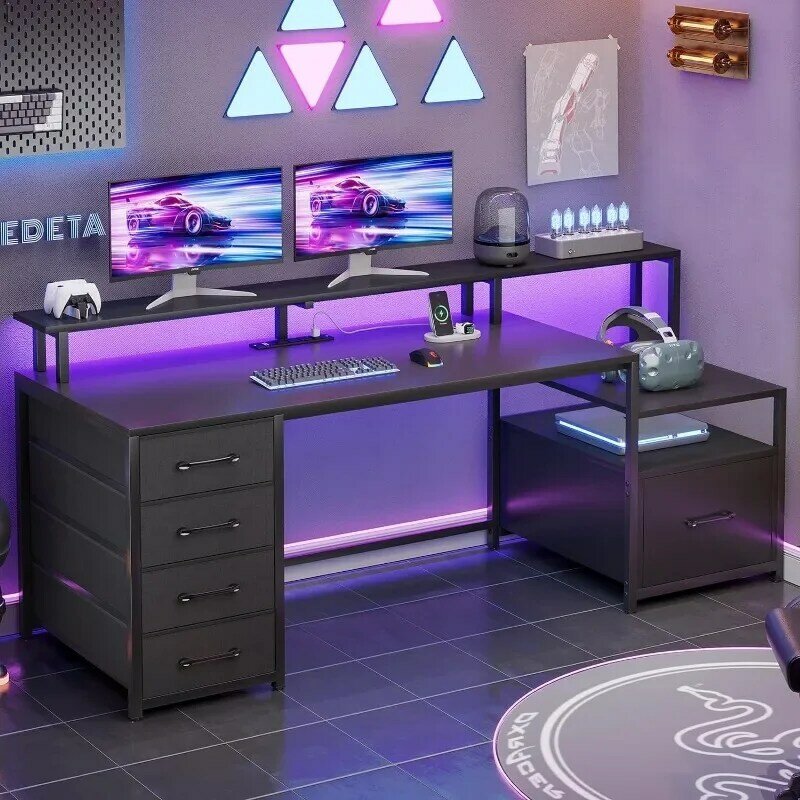 Mesa do Computador com Tomada e Luzes Led, Home Office Desk, Gaveta de Arquivos, Armazenamento, Monitor Shelf, Gaming Desk, 66"