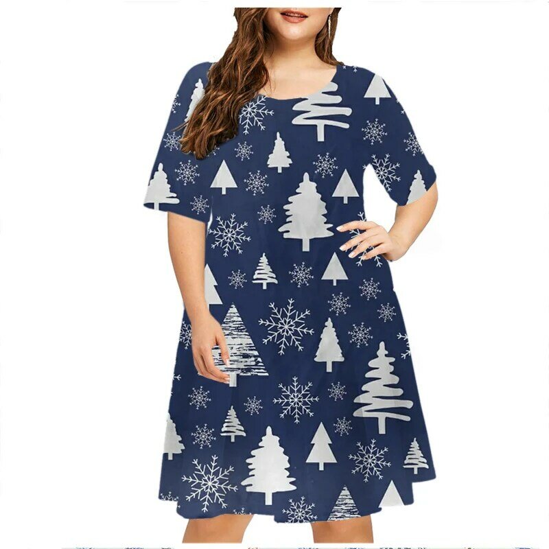 New Year 2023 Women Christmas Dress Long Sleeve O-Neck Print X-Mas Snow Ladies Loose Plus Size Dress Summer 6XL Fashion Clothing