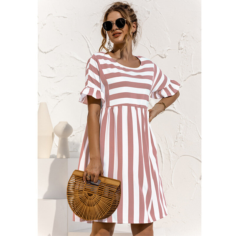 5XL Plus Size Summer Dress Women Striped O Neck Ruffles Sleeve A Line Robe Big Swing Pockets Sundress Casual Cotton Mini Dresses