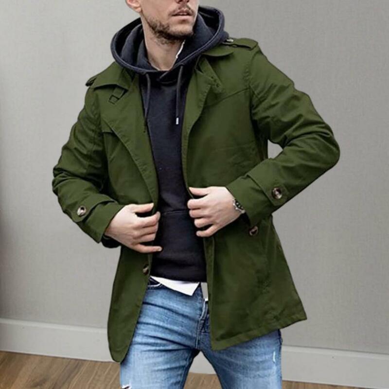 Men Trench Coat Stylish Men's Mid-length Trench Coats Loose Fit Windproof Design Casual Streetwear for Fall Spring Seasons
