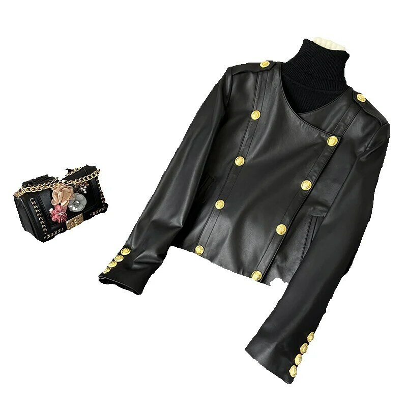 Spring New Double Breasted Short Leather Jacket For Women With Collarless Black Sheepskin High Waisted Jacket