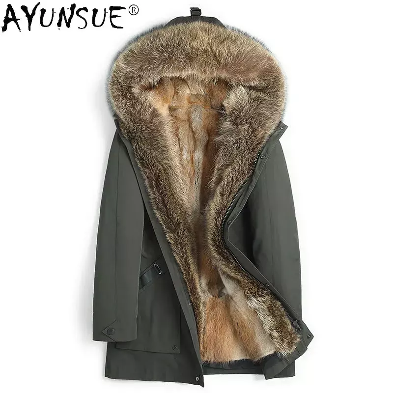 AYUN-Parka de piel auténtica con capucha para hombre, chaquetas gruesas y cálidas de piel de mapache, forro de piel de visón verde, 2021, Gm452