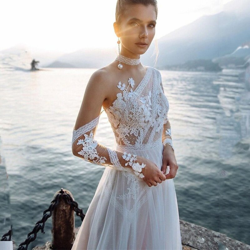 Vestido de novia bohemio con apliques de encaje para mujer, elegante vestido de novia rústico, elegante, hecho A medida, para playa, 2023
