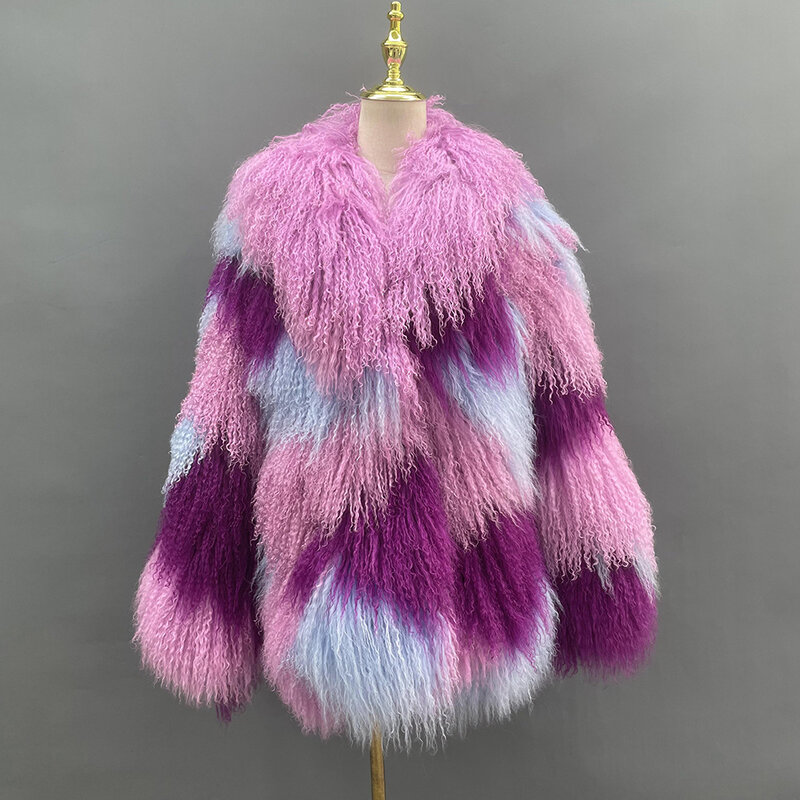 Зимняя одежда JANEFUR, Женское пальто из 2023 натуральной монгольской овечьей шерсти, смешанные цвета, модная Роскошная куртка на заказ из тибетского меха ягненка