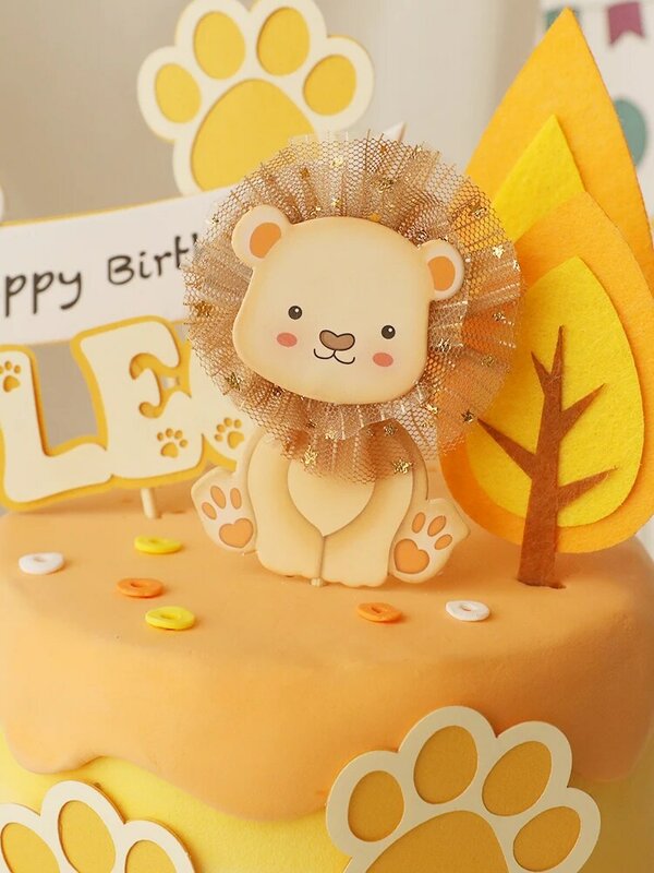 Baby Show Constellation Animal Leo Lion Happy Birthday Cake Topper Yellow Balloon Trees for Cake Decorating Party Supplies Gifts