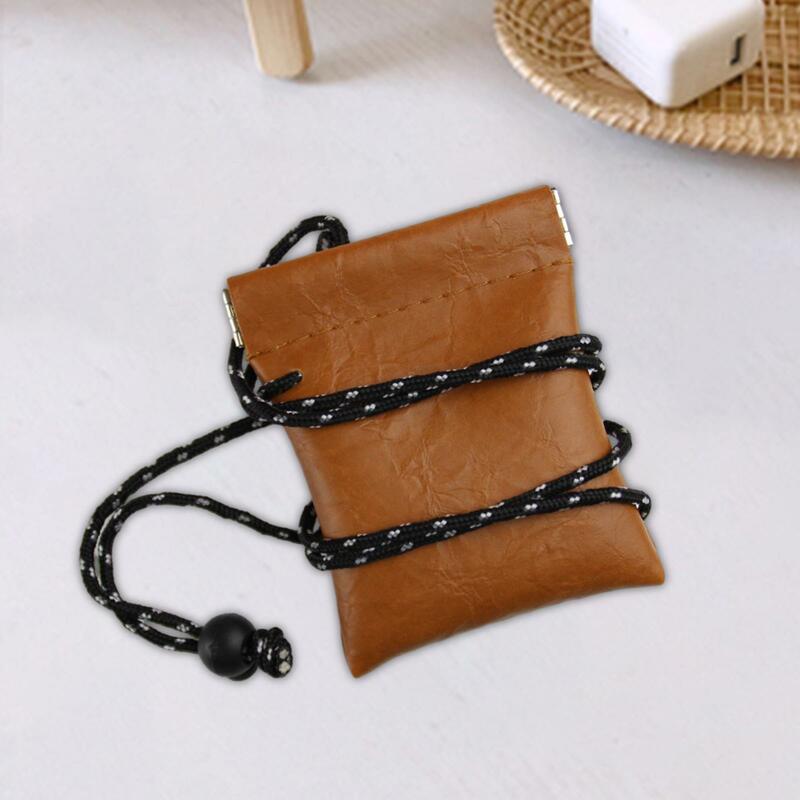 5x tas kunci dompet leher gantung, tas penyimpanan kecil untuk pria wanita Earbud warna cokelat