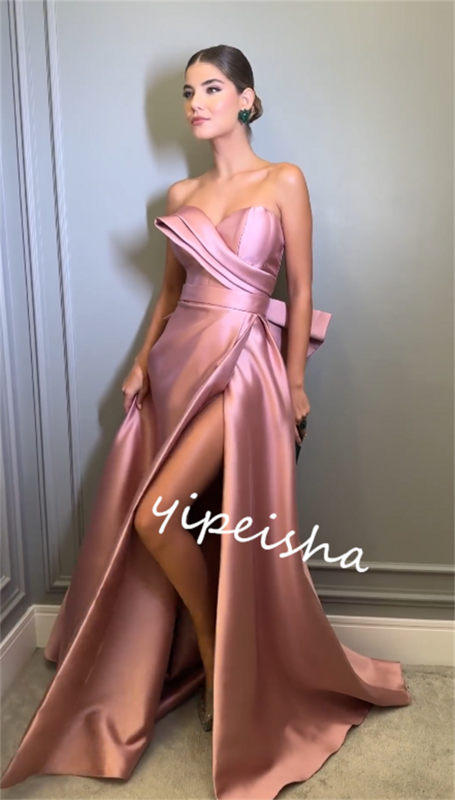 Satin Bow Pleat Homecoming Straight Sweetheart Bespoke Occasion Gown Long Dresses
