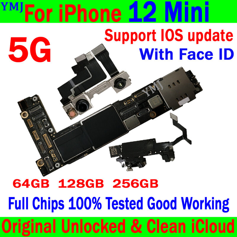 Placa-mãe desbloqueada para iPhone 12 Pro Max e 12 Mini, placa lógica original, ICloud limpo, testado completamente, 64GB 128GB 256GB