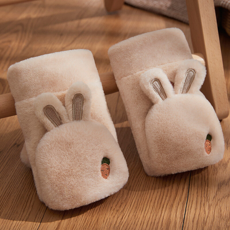 Милые милые Мультяшные ушки кролика Зимние сохраняющие тепло мягкие раскладные перчатки на полпальца флисовые утепленные для вождения и письма