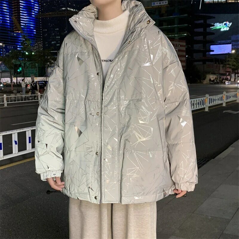Parkas reflexivo homens nova chegada roupas de inverno grosso estilo coreano na moda all-match unissex casal solto ins outwear impressão quente