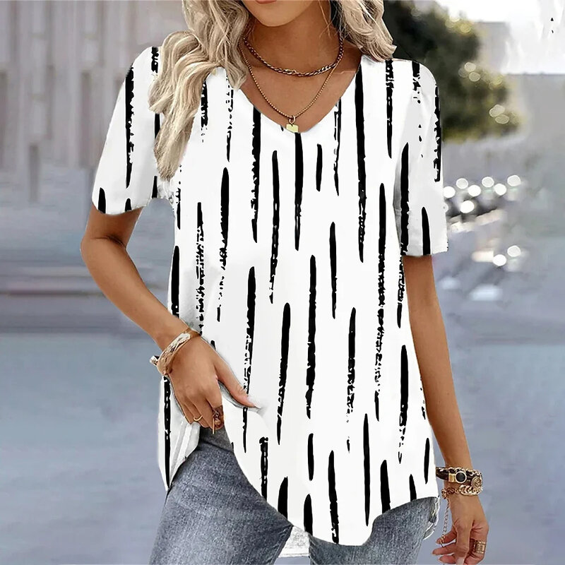 T-shirt à col en V imprimé de fleurs en 3D pour femmes, chemisiers à la mode, vêtements féminins, t-shirt d'été Kawaii blanc, 2024