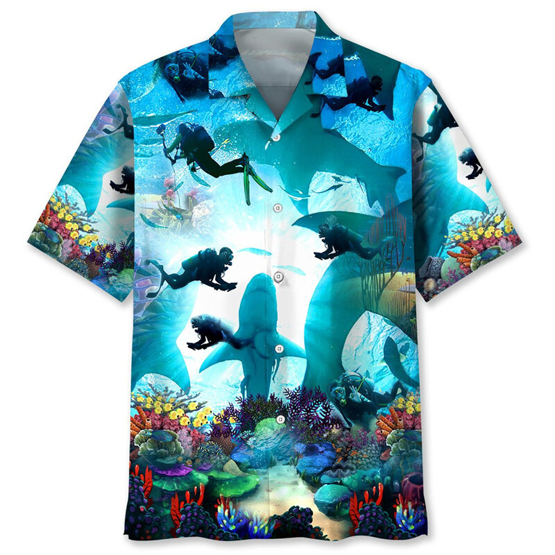 Camisa hawaiana de buceo en el océano para hombre, blusa informal de manga corta con botones y solapa de gran tamaño, estampado 3d, verano, Playa