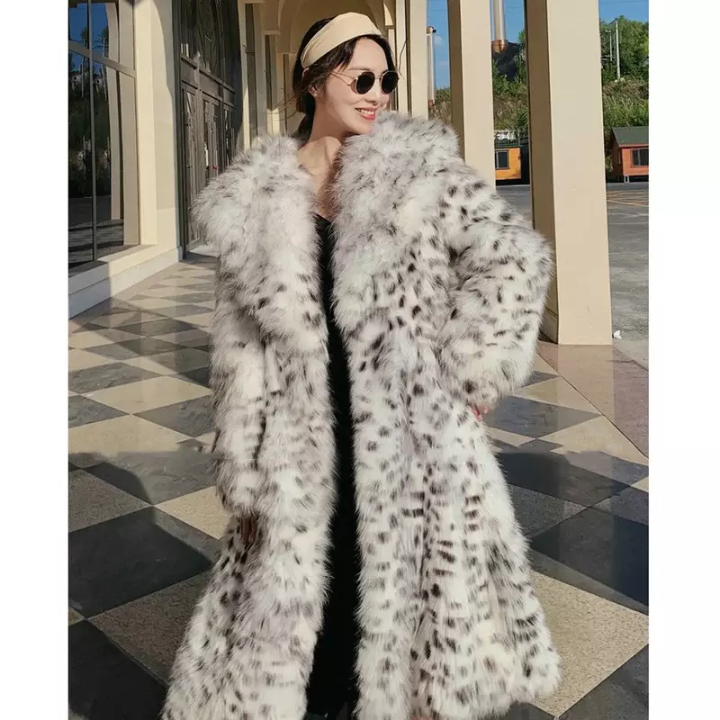 Женское зимнее пальто из искусственного лисьего меха с леопардовым принтом, длинное Норковое Пальто до колена