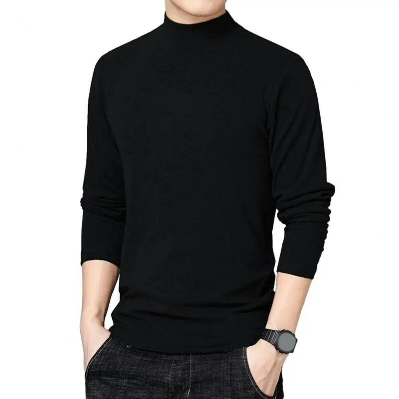 Men Solid Color Shirt Long Sleeve Top Cozy Mock Collar Sweatshirt Warm Mid-length Top for Fall Winter for Bottoming for Comfort