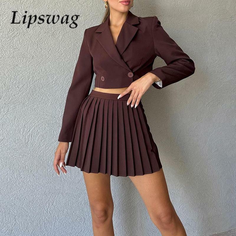 Women Casual Short Blazer Suit Elegant Long-Sleeve Blazer And Mini Pleated Skirt Suit Autumn Solid Color Commuter Two-Piece Suit