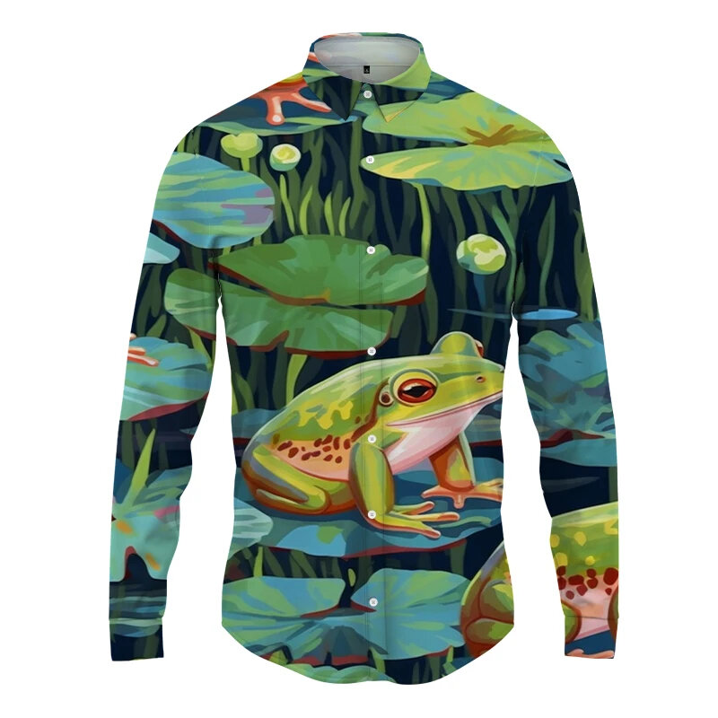 男性のための面白いカエルの3Dプリント長袖シャツ、サポートグラフィックTシャツ、ファッション衣類、ラペルボタントップ