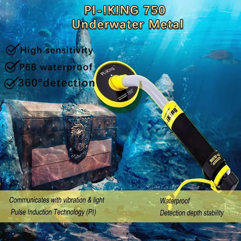 Detektor logam bawah air PI750, pendeteksi logam tahan air pemburu harta karun tampilan lampu LED dasar laut emas dan perak