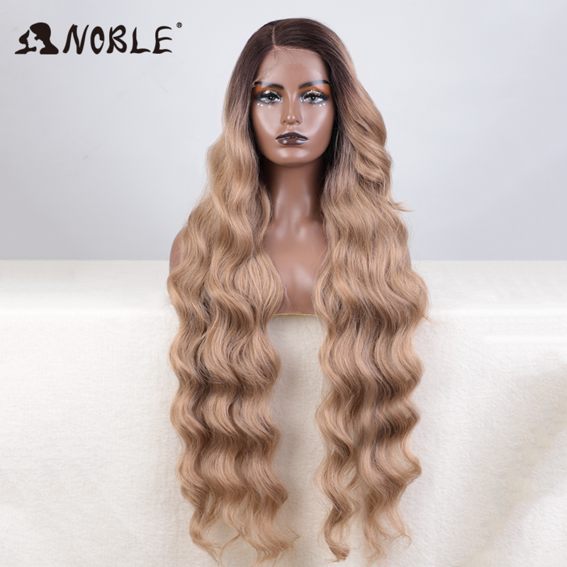 Perruque Lace Front Wig synthétique ondulée 36 pouces – Noble, perruque Body wave longue avec raie latérale pour femmes, perruque Lace Front Wig Blonde ombrée pour Cosplay