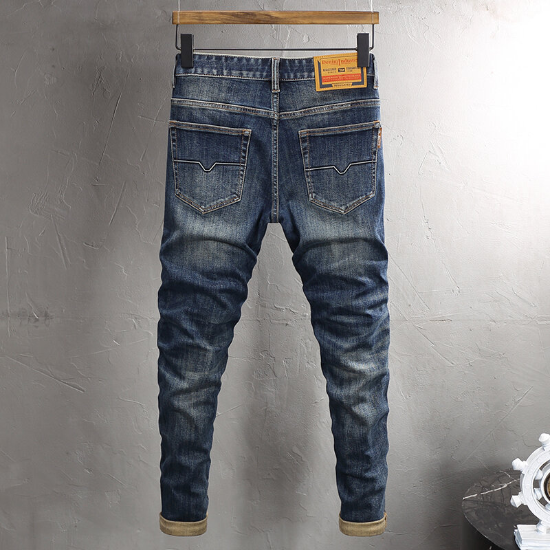 Jeans da uomo Vintage di moda Jeans strappati Slim Fit elasticizzati blu lavati retrò di alta qualità pantaloni Casual in Denim firmati da uomo