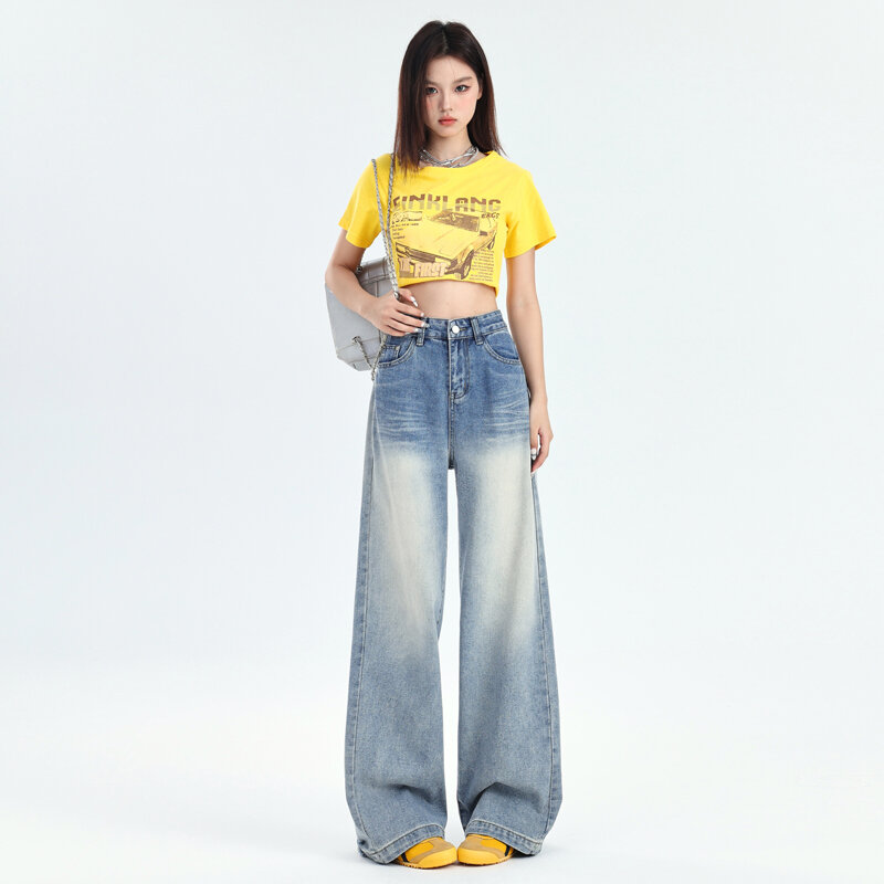 Jeans retrô de cintura alta lavado para mulheres, calça jeans reta larga larga larga larga larga larga larga, verão, nova