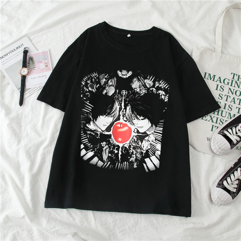 재미있는 여름 여성 티셔츠 애니메이션 데스 노트 대형 티셔츠 유니섹스 하라주쿠 스타일 빈티지 워싱 티셔츠, 스트리트웨어 Y2k 탑스