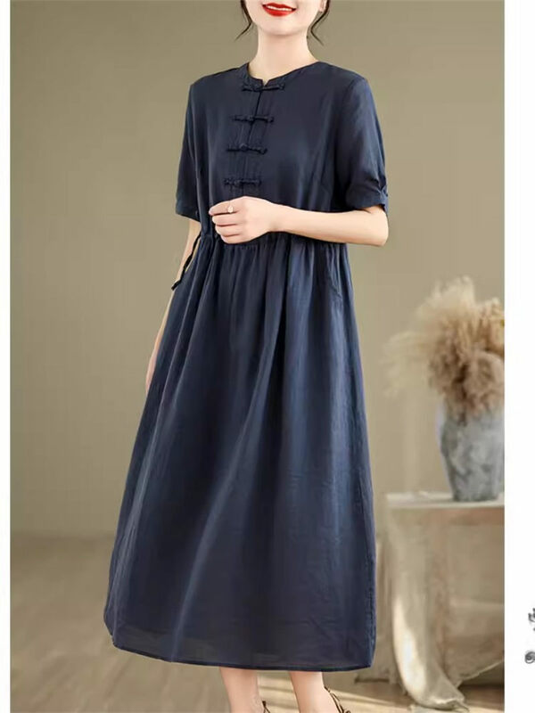 Elegancki i Retro chiński stylowa sukienka dla kobiet 2024 letni projekt luźno dopasowane zapinana sukienka z krótkim rękawem Midi Vestidos K874