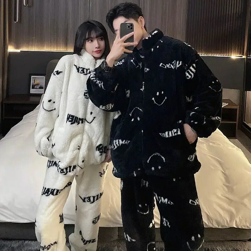 Korean personality fashion couple coral velvet pajamas in autumn and winter new loose casual suit can be worn when going out