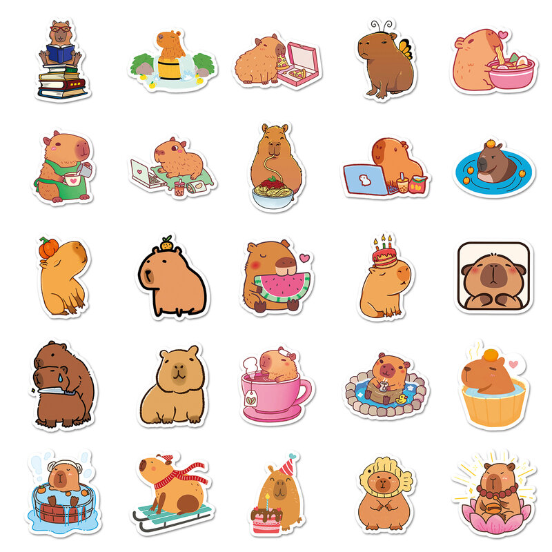 Capybara-pegatina de dibujos animados de conejillo de indias, pegatina bonita de Animal marrón, guitarra, álbum de recortes, juguete de decoración, venta al por mayor, 10/30/50 piezas