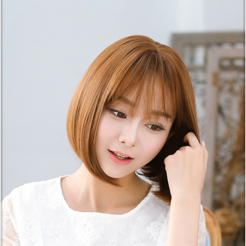 Fashion Natural Synthetic Heat Resistant Hairpieces with Bangs for Woman Glueless Short Straight Brown Hair for Daily Use
