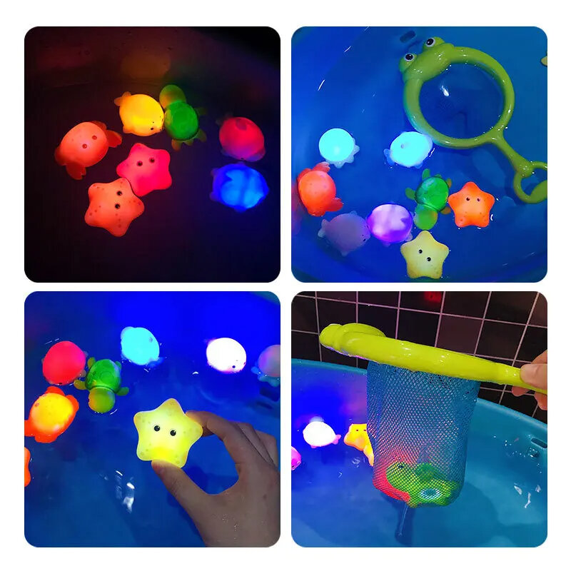 Giocattoli da bagno per bambini simpatici animali galleggianti luminosi che nuotano luce d'acqua gioca giocattoli vasca da bagno per bambini rete da pesca animali giocattoli da bagno