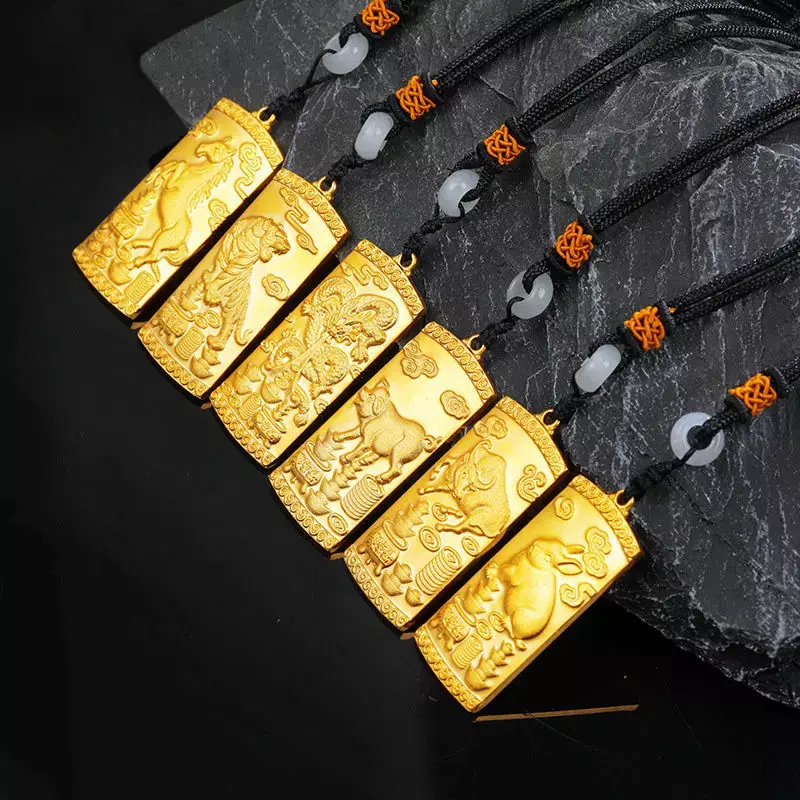 Kalung emas asli berlapis 100% K tahan lama, kalung jimat kecil barang asli zodiak emas dengan tali Guanyin liontin untuk pria