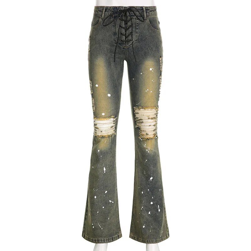 Pantalones acampanados de mezclilla para mujer, jeans Retro Millennium Spicy, cintura baja, corte de tinta, cordones, novedad de verano, Y2k, 2023