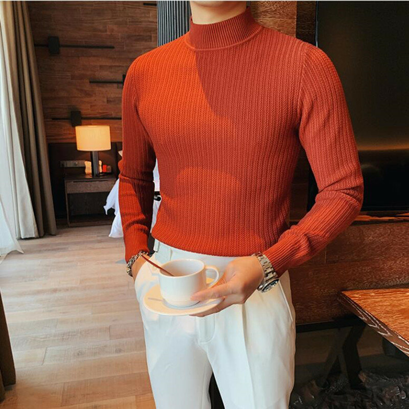 2023 Stylish Solid Color Stand Collar Loose All-match Knitted Sweater Men Clothing Autumn New Casual Pullovers Warm Korean Tops