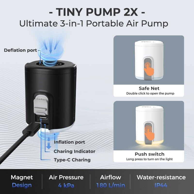 Flextail-Mini bomba de ar com lanterna minúscula, portátil, recarregável, ultraleve, elétrico, inflável, almofada de dormir, Camping Mattres, 2X