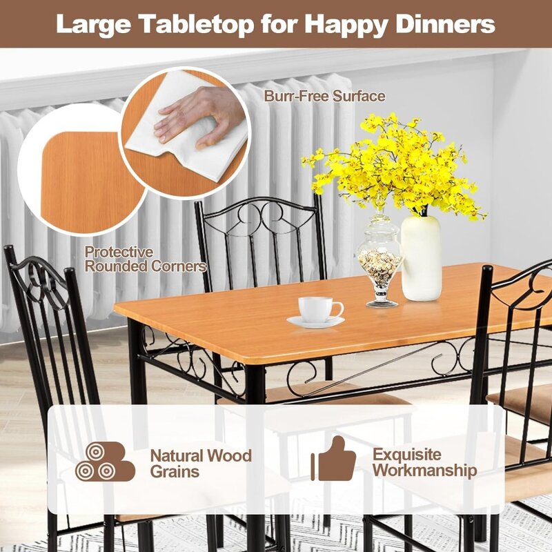 5 Piece Dining Table Set, Vintage Wood Top Padded Seat Dining Table and Chairs Set, Home Kitchen Dining Room Furniture