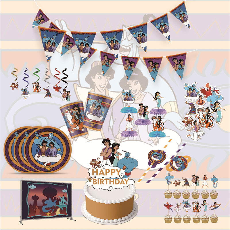 การ์ตูน Disney Aladdin Theme Party Decor โคมไฟของ Aladdin Disposable Tableware ถ้วยเด็กชื่นชอบ Baby Shower วันเกิด Supplie