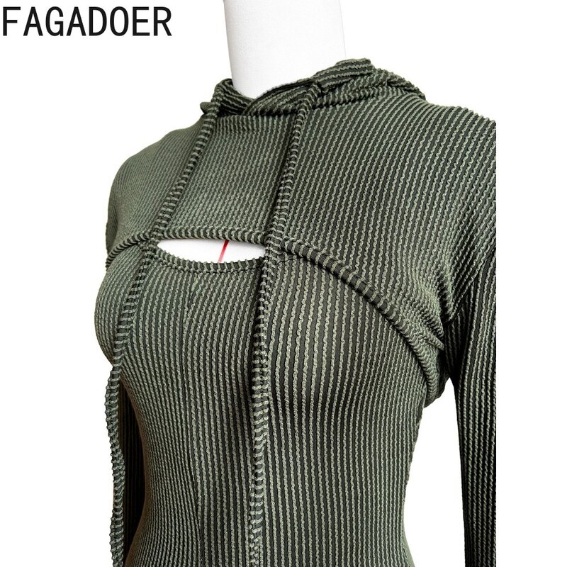FAGADOER Fashion Solid Ribber Pocket Cargo Rompers Women Hooded Long Sleeve Top And Bodycon Jumpsuits Summer Suspenders Overalls