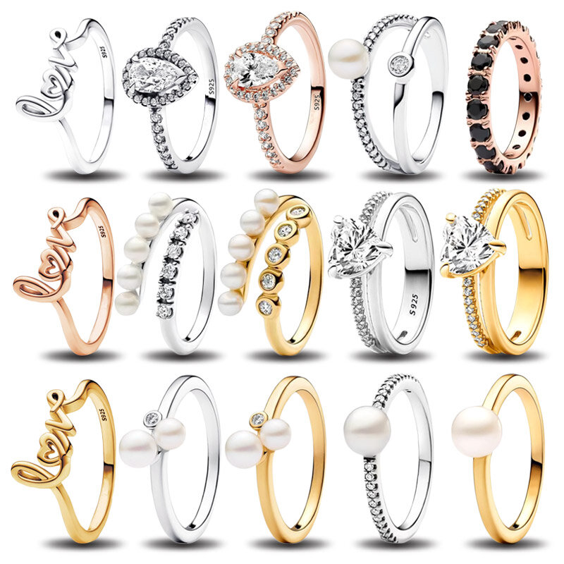 Anel geométrico para mulheres, prata 925, rosa, coração, design de zircão, anéis cintilantes originais, joias DIY, presente do festival, novo, 2024