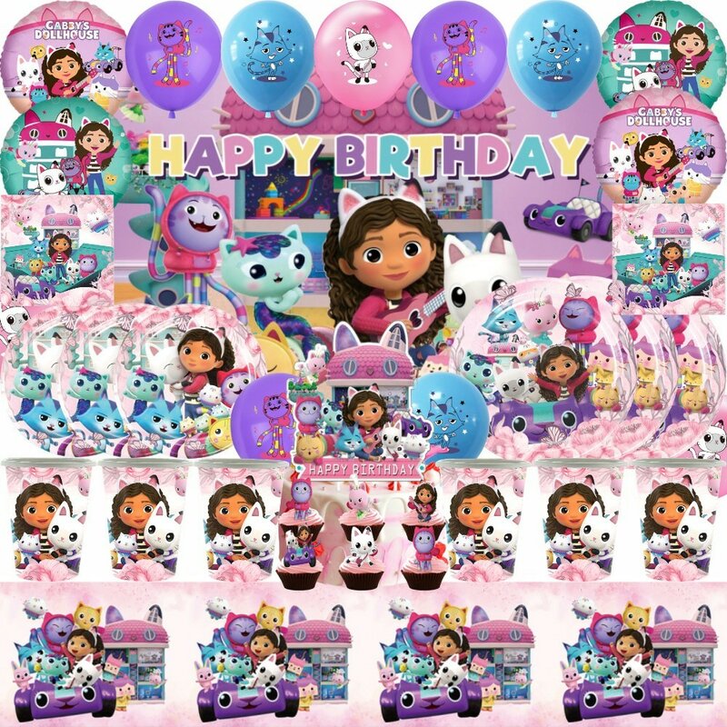 New Gabby Dollhouse Cats Birthday Party Decoration Balloon Pink Cartoon stoviglie sfondo Baby Shower Kids Girls Party Supplies