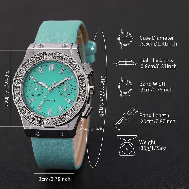 Relógio de quartzo de couro verde feminino, conjunto de joias estrela, 4 peças