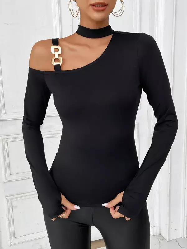 Женская модная повседневная однотонная весенне-осенняя кружевная комбинированная Сексуальная Асимметричная кружевная легкая футболка с вырезом лодочкой YSQ32