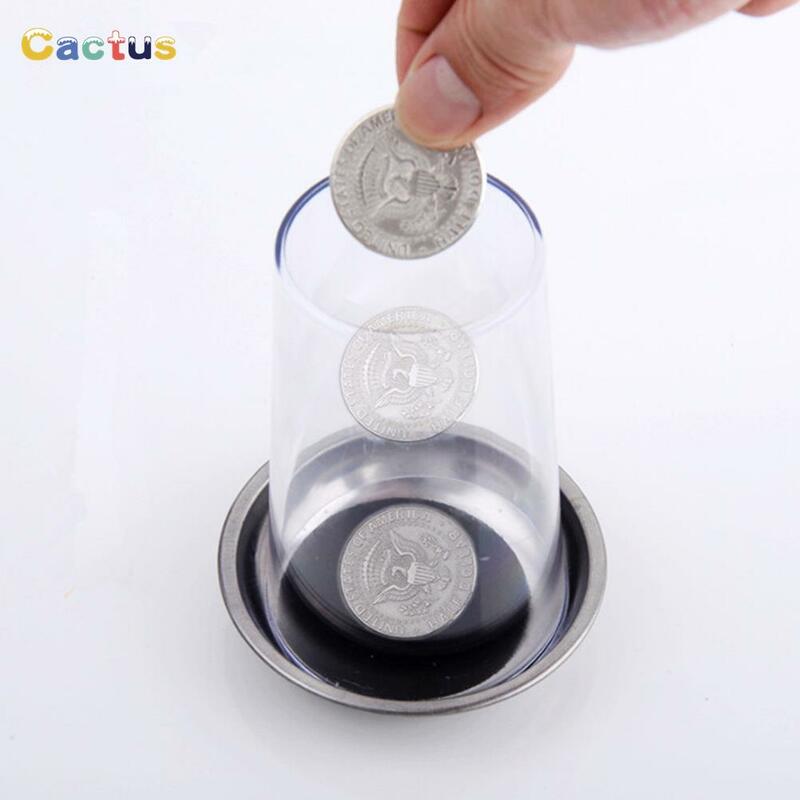 1 pçs moeda através de copo de aço vidro esteira adereços mágicos festa close-up truque mágico