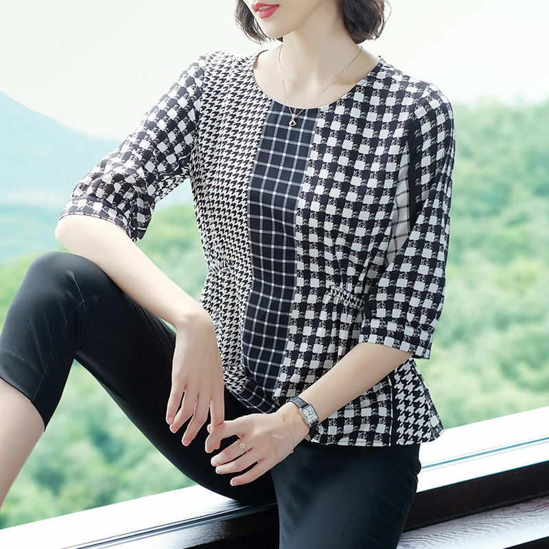 Women Summer Simplicity Loose Appear Thin Plaid Printing O-neck 3/4 sleeve Shirts Women Clothes Casual Trend Chiffon Top Tee