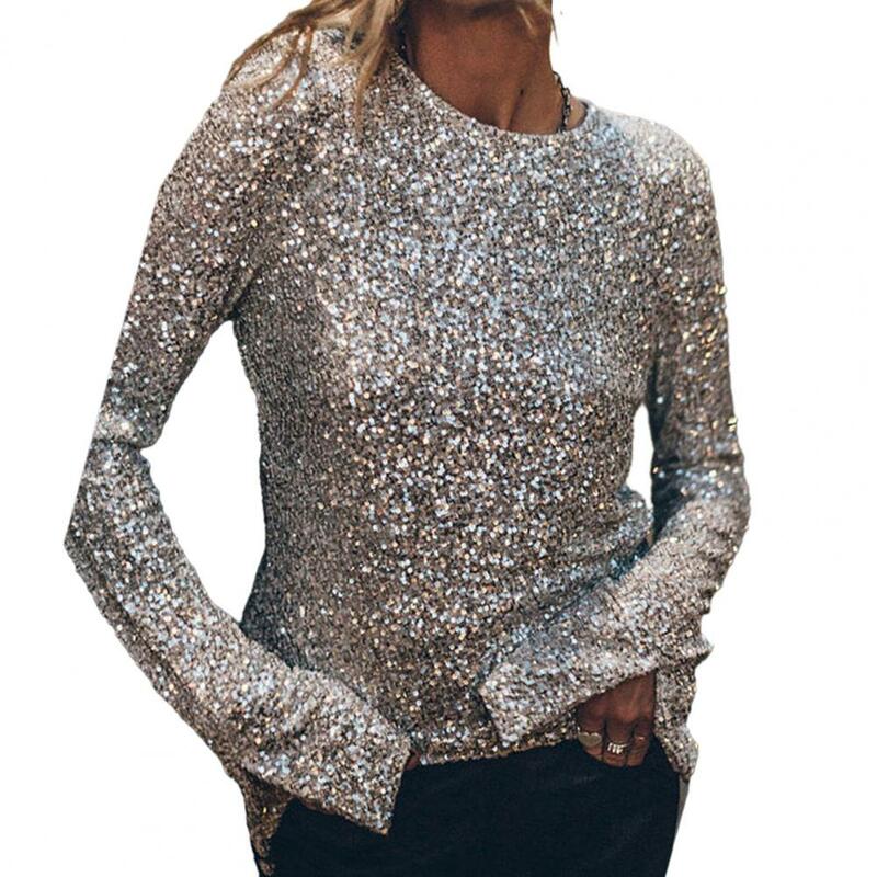 Women Top Sequin Long Sleeve Party Club Blouse Women's Round Neck Hollow Out Back Soft Pullover Shiny Performance Lady T-shirt
