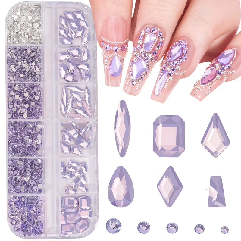 Nail Art Rhinestones Crystal Charms Set Gem Stone Light Purple Flatback Glass Mixed Size Nail Charms For DIY Nail Decoration