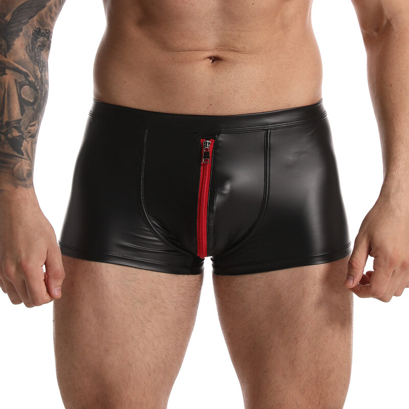 Zipper Boxer Calcinhas Dos Homens Sexy Shorts De Couro Bulge Pouch Cuecas Gay Hot Mens Underwear Suave Slip Briefs Masculino Causal Desgaste