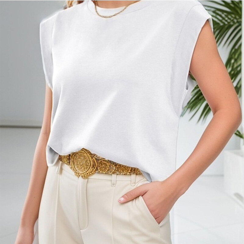 Новинка 2024, летние американские ретро свободные футболки оверсайз с высокой талией для женщин, полосатые вязаные топы без рукавов с круглым вырезом