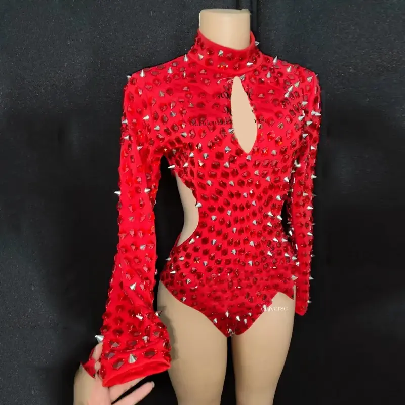 Bodysuit berlian imitasi merah pakaian tari Dj Ds Rave kostum panggung penyanyi Jumpsuit paku keling berlubang seksi